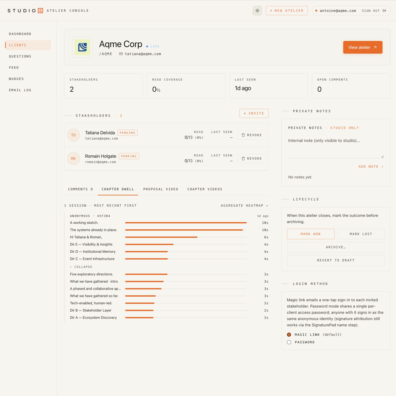 Studio 8 atelier console — per-client stakeholder engagement, chapter dwell heatmap, presence and comments