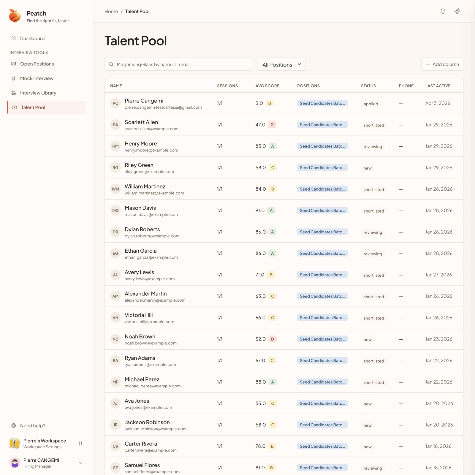 Peatch AI Talent Pool dashboard